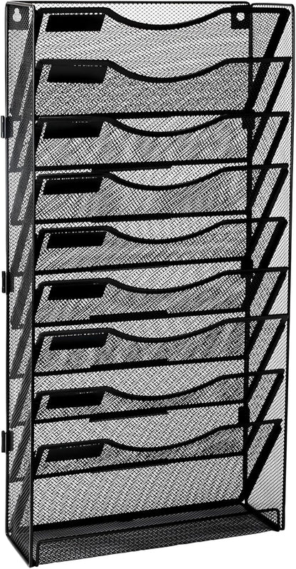 Wall File Holder Organizer 10 Tier Mesh Hanging Wall Mounted Document Paper Folder Filing Magazine Rack with Nametag Label for Office Home School, Black