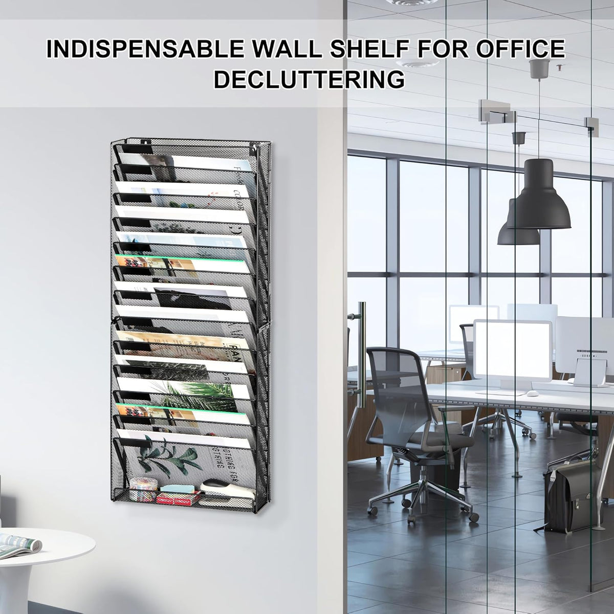 Wall File Holder Organizer 14 Tier Mesh Hanging Wall Mounted Document Paper Folder Filing Magazine Rack with Nametag Label for Office Home School, Black