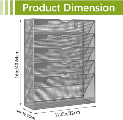 5-Tier Wall File Holder, Mesh Hanging Folder Organizer with Classify Label, Versatile Desk File Organizer for Office Home, Vertical Wall Mounted Mail Sorter, Sides Closed, Silver