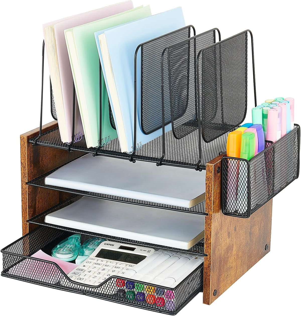 Wood Desk Organizers and Accessories, 4-Tier Workspace Desktop Paper Organizer with Drawer, 5 Vertical File Holders and Pen Holder for Office Supplies