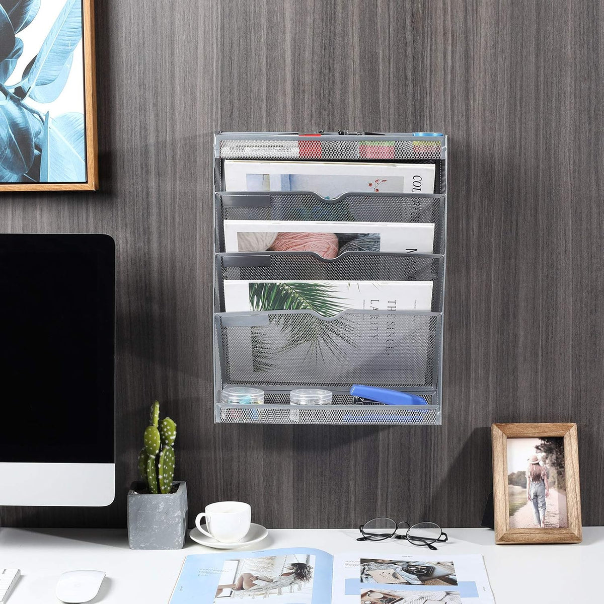 Mesh Wall File Holder 3 Tier Vertical Mount Hanging Organizer with Bottom Flat Tray and 3 Compartments Accessories Organizer, Silver
