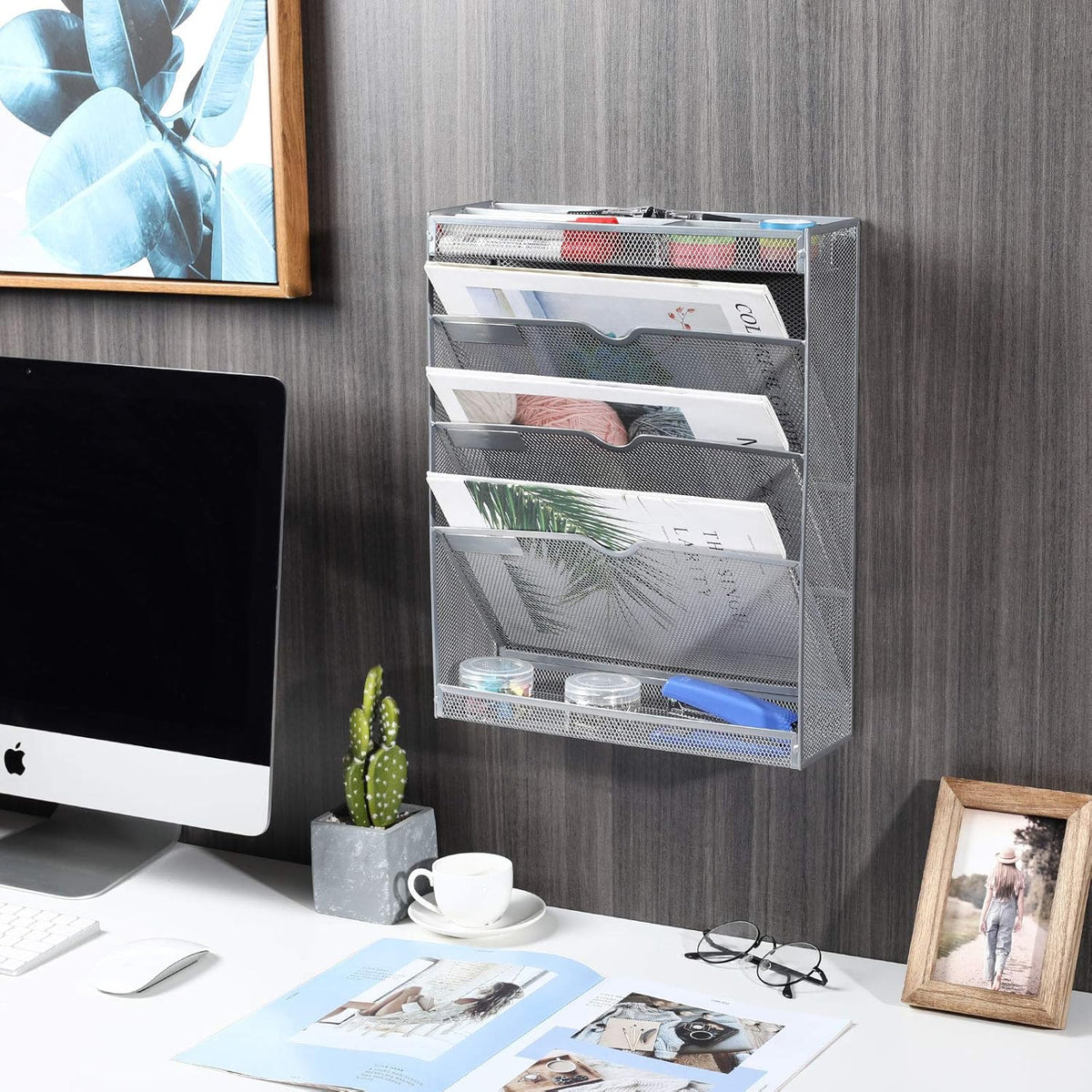 Mesh Wall File Holder 3 Tier Vertical Mount Hanging Organizer with Bottom Flat Tray and 3 Compartments Accessories Organizer, Silver