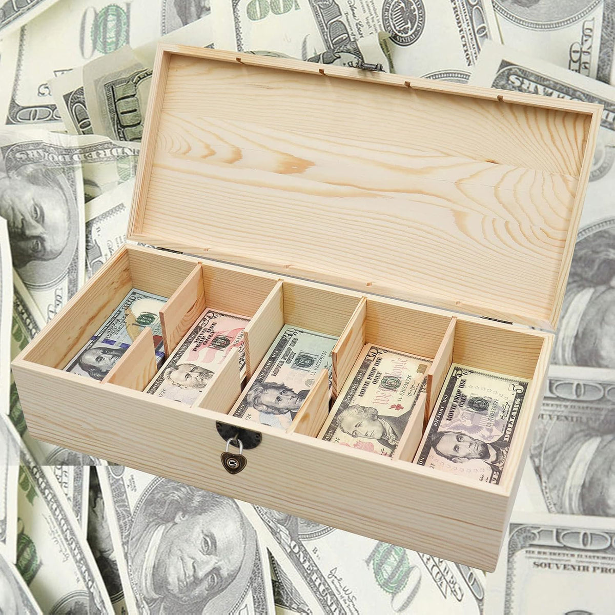 Wooden Lockable Currency Tray, 5 Compartment Cash Organizer, Cash Organizer Money Storage Box with Lockable Cover, Money Organizer for Cash