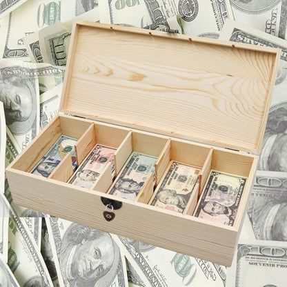 Wooden Lockable Currency Tray, 5 Compartment Cash Organizer, Cash Organizer Money Storage Box with Lockable Cover, Money Organizer for Cash