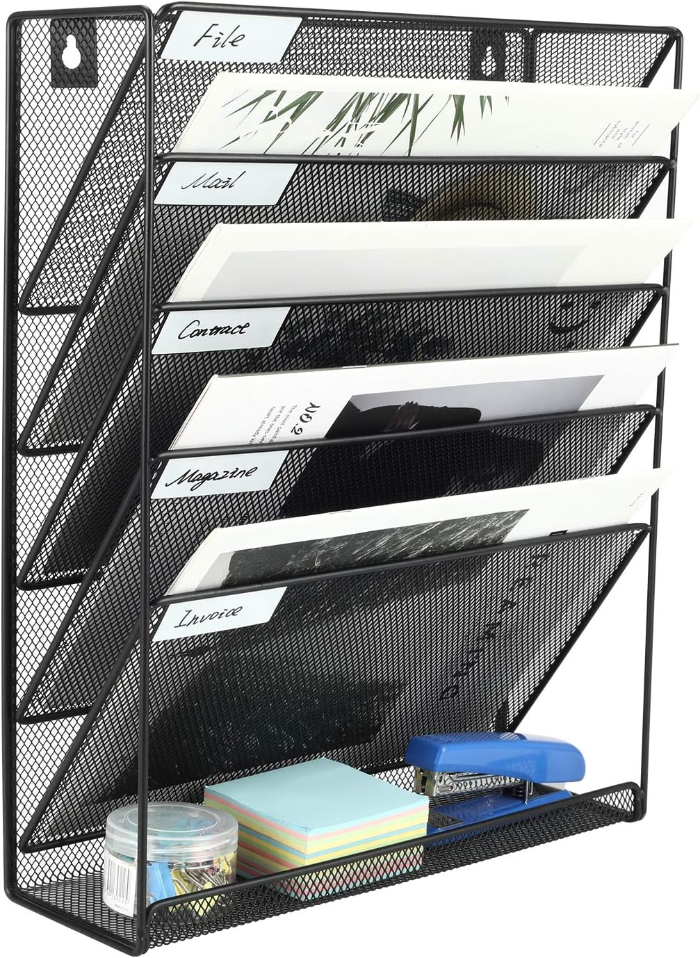 Wall File Holder 5 Tier Vertical Hanging File Organizer Wall Mount Paper Folder Rack with Bottom Flat Tray for Office and Home, Black