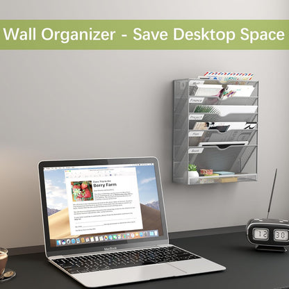 5-Tier Wall File Holder, Mesh Hanging Folder Organizer with Classify Label, Versatile Desk File Organizer for Office Home, Vertical Wall Mounted Mail Sorter, Sides Closed, Silver