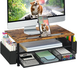 Wood Desk Organizers and Accessories, 2-Tier Computer Monitor Stand Riser with Drawer, Pen Storage & Phone Holder, Office Desk Accessories, Workspace Desktop Organization for Office Supplies（Brown）