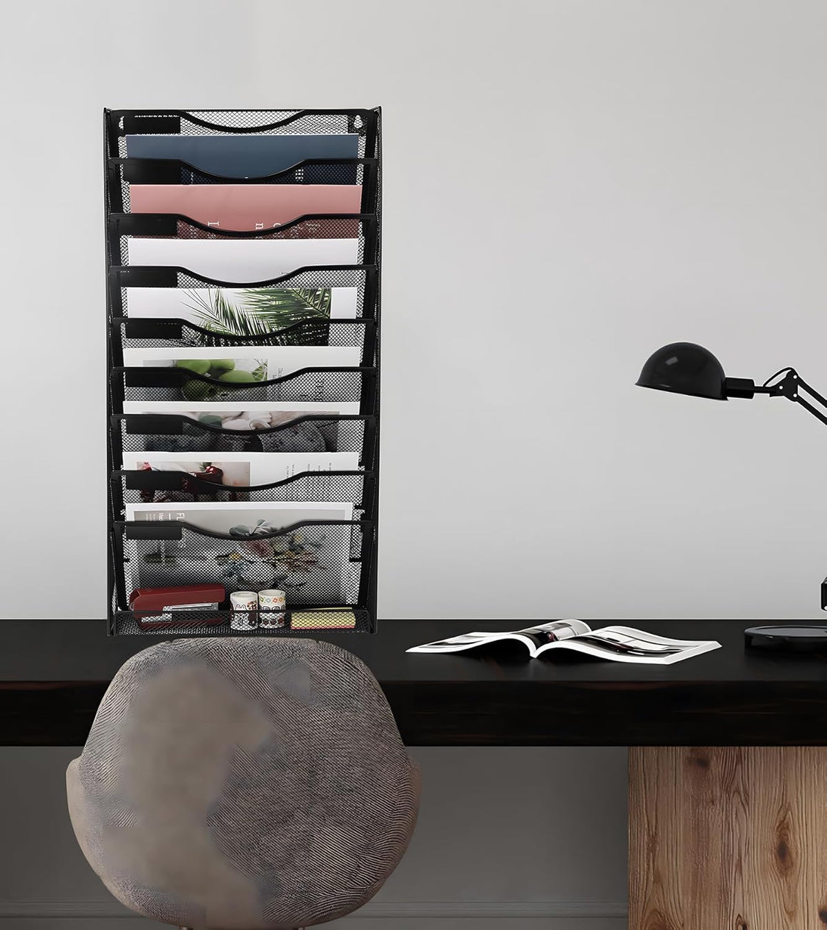 Wall File Holder Organizer 10 Tier Mesh Hanging Wall Mounted Document Paper Folder Filing Magazine Rack with Nametag Label for Office Home School, Black