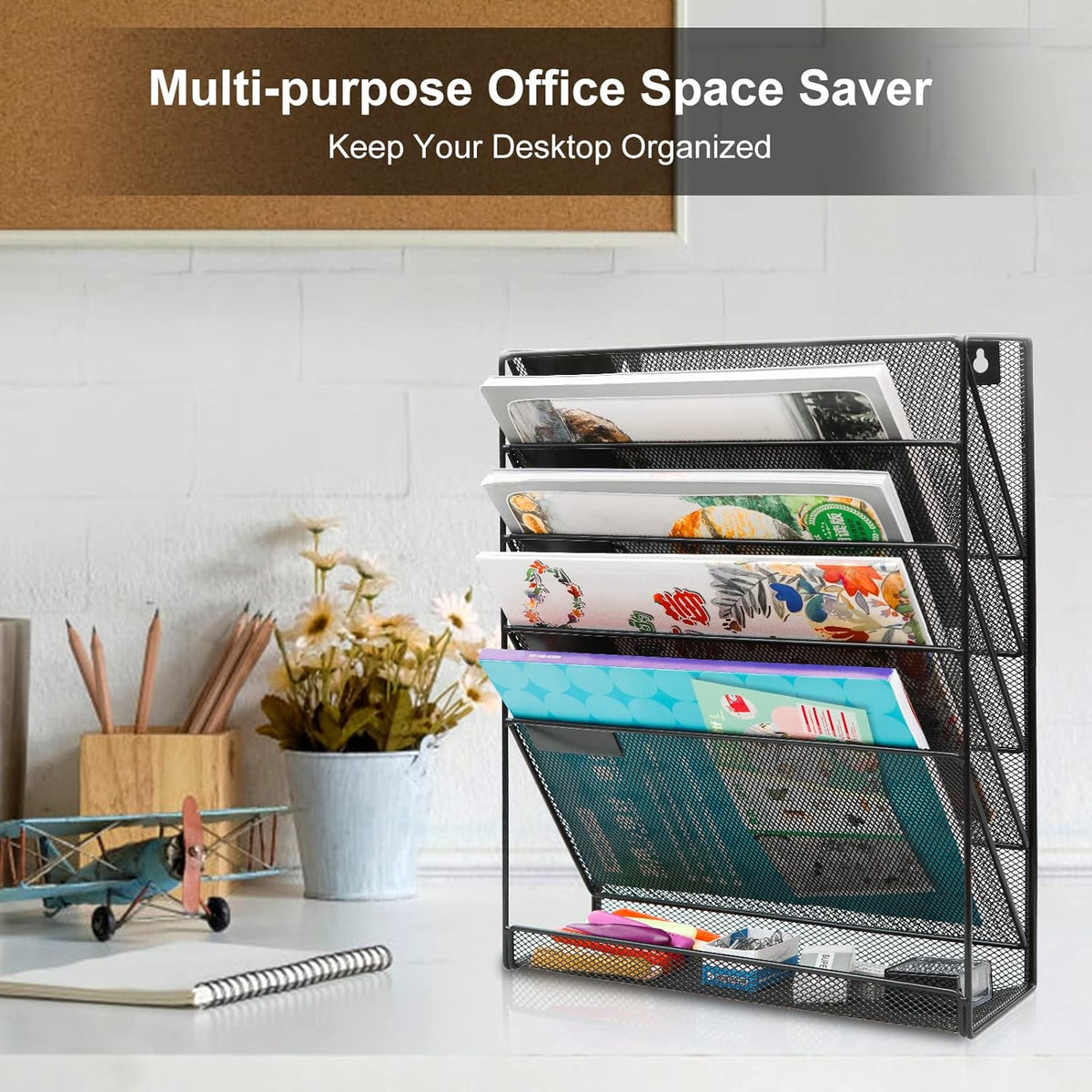 Wall File Holder 5 Tier Vertical Hanging File Organizer Wall Mount Paper Folder Rack with Bottom Flat Tray for Office and Home, Black