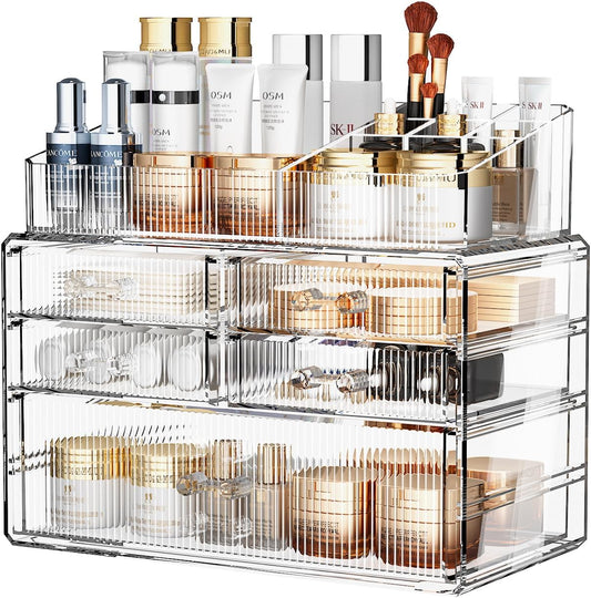 Stackable Organizer, Acrylic Cosmetic Organizer for Dresser, Vanity, Kitchen Cabinet, Bathroom, Under Sink, Home Organization and Storage (1 Top 5 Drawers)