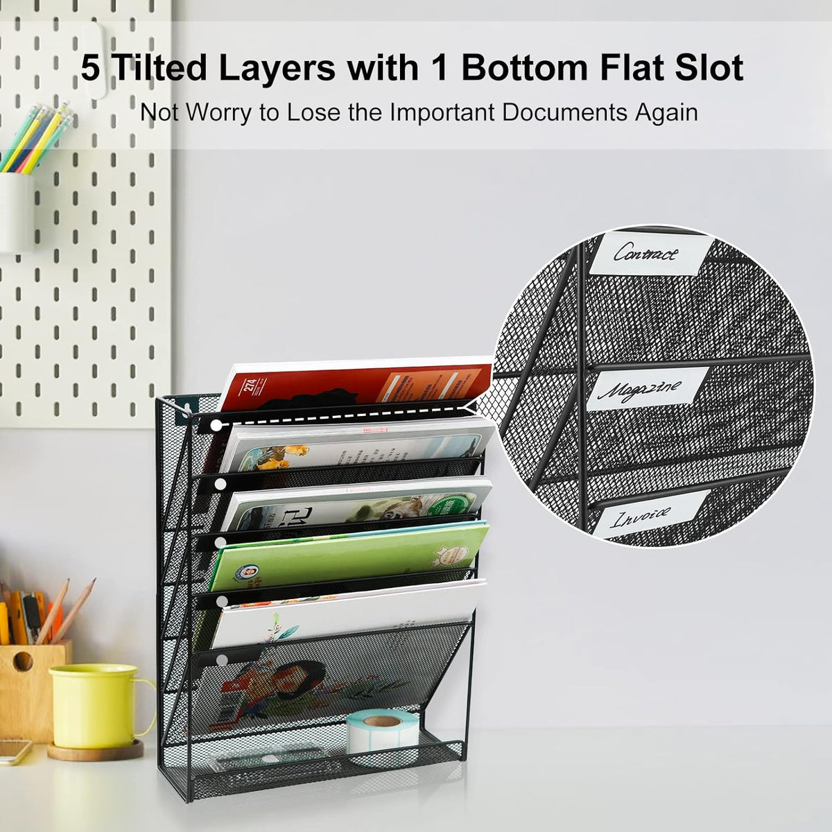 Wall File Holder 5 Tier Vertical Hanging File Organizer Wall Mount Paper Folder Rack with Bottom Flat Tray for Office and Home, Black