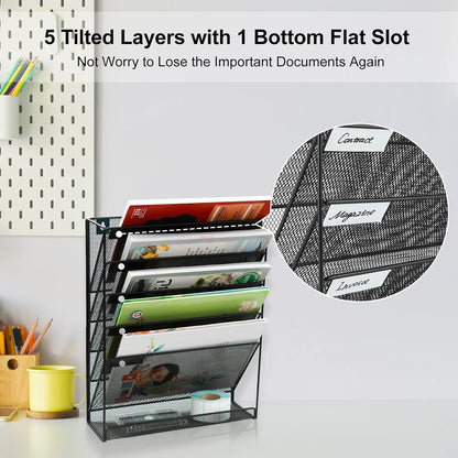 Wall File Holder 5 Tier Vertical Hanging File Organizer Wall Mount Paper Folder Rack with Bottom Flat Tray for Office and Home, Black