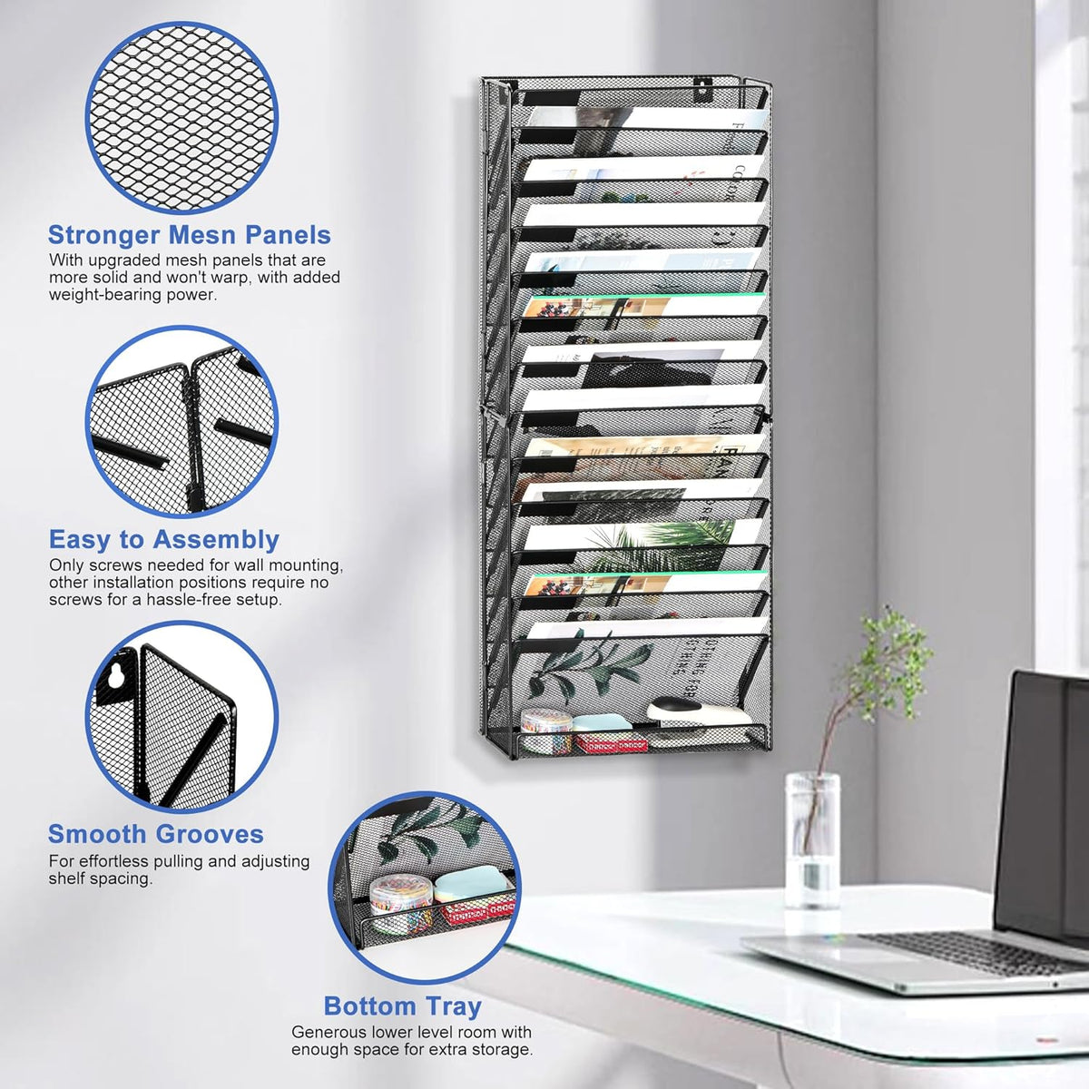 Wall File Holder Organizer 14 Tier Mesh Hanging Wall Mounted Document Paper Folder Filing Magazine Rack with Nametag Label for Office Home School, Black