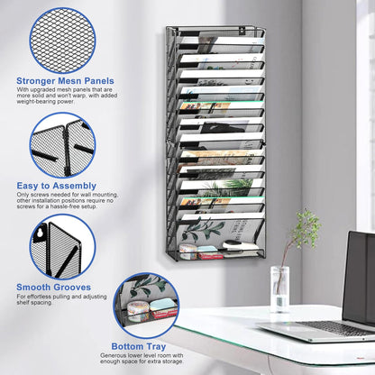 Wall File Holder Organizer 14 Tier Mesh Hanging Wall Mounted Document Paper Folder Filing Magazine Rack with Nametag Label for Office Home School, Black