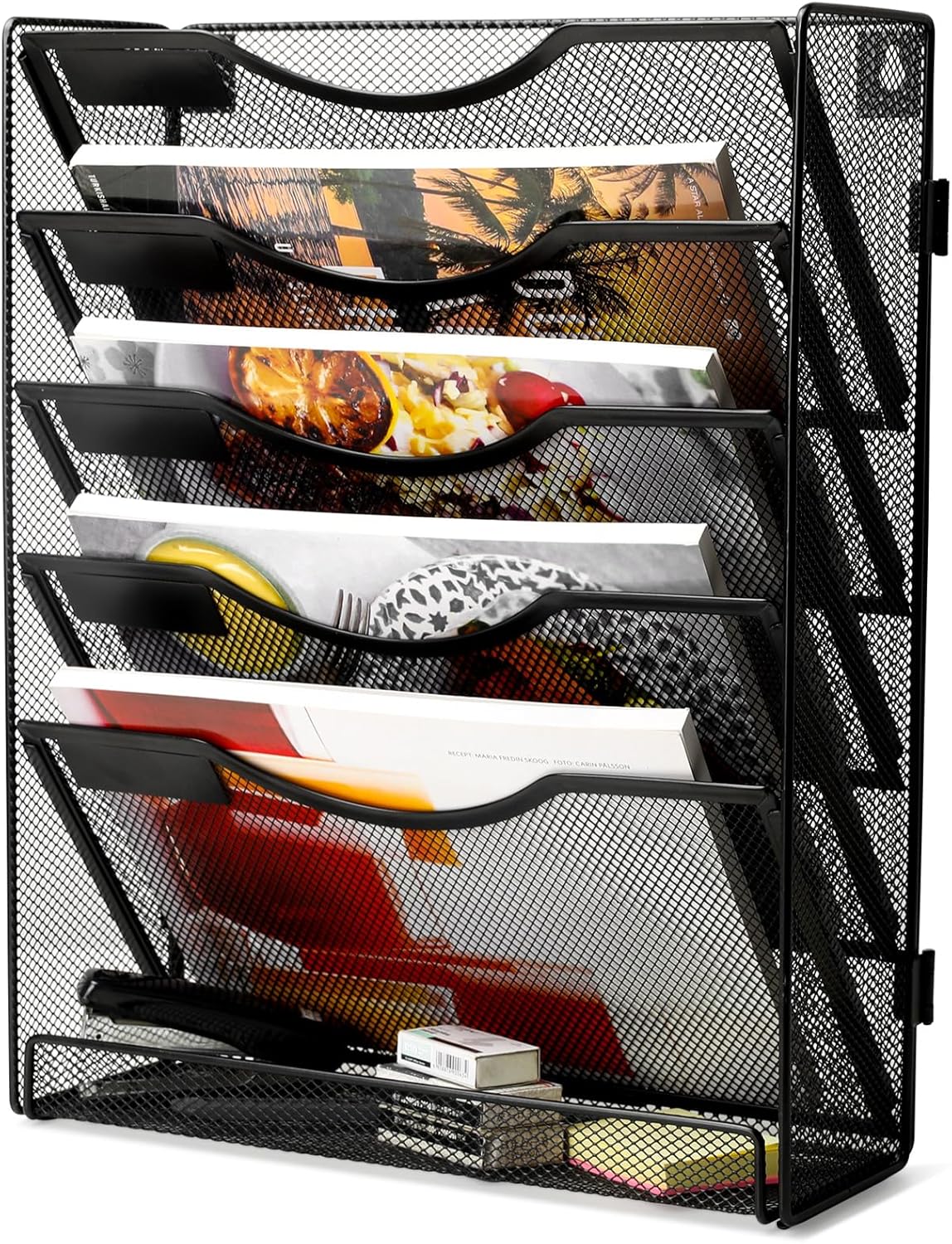 5-Tier Wall File Holder, Mesh Hanging Folder Organizer with Classify Label, Versatile Desk File Organizer for Office Home, Vertical Wall Mounted Mail Paper Sorter, Easy Assembly, 2 Pack Black