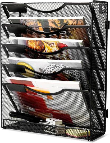 5-Tier Wall File Holder, Mesh Hanging Folder Organizer with Classify Label, Versatile Desk File Organizer for Office Home, Vertical Wall Mounted Mail Paper Sorter, Easy Assembly, 2 Pack Black