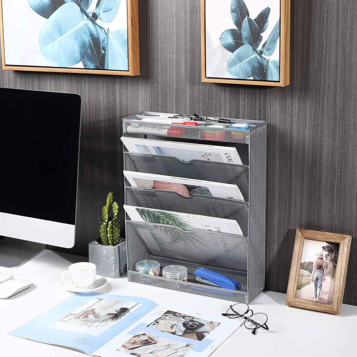 Mesh Wall File Holder 3 Tier Vertical Mount Hanging Organizer with Bottom Flat Tray and 3 Compartments Accessories Organizer, Silver