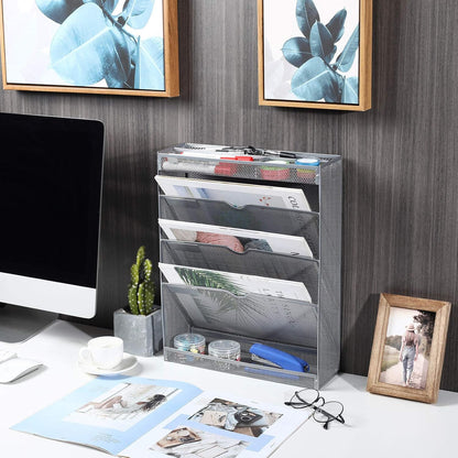 Mesh Wall File Holder 3 Tier Vertical Mount Hanging Organizer with Bottom Flat Tray and 3 Compartments Accessories Organizer, Silver