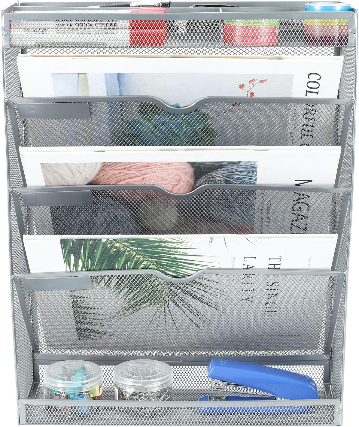 Mesh Wall File Holder 3 Tier Vertical Mount Hanging Organizer with Bottom Flat Tray and 3 Compartments Accessories Organizer, Silver