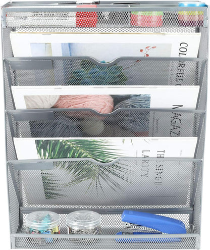 Mesh Wall File Holder 3 Tier Vertical Mount Hanging Organizer with Bottom Flat Tray and 3 Compartments Accessories Organizer, Silver