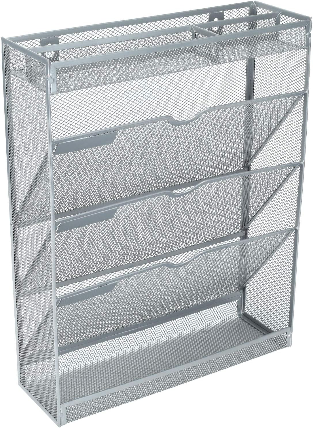 Mesh Wall File Holder 3 Tier Vertical Mount Hanging Organizer with Bottom Flat Tray and 3 Compartments Accessories Organizer, Silver