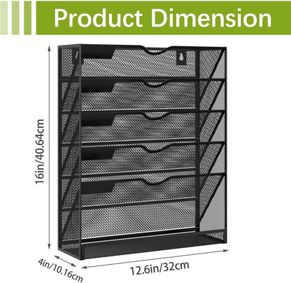 5-Tier Wall File Holder, Mesh Hanging Folder Organizer with Classify Label, Versatile Desk File Organizer for Office Home, Vertical Wall Mounted Mail Sorter, Sides Closed, Black