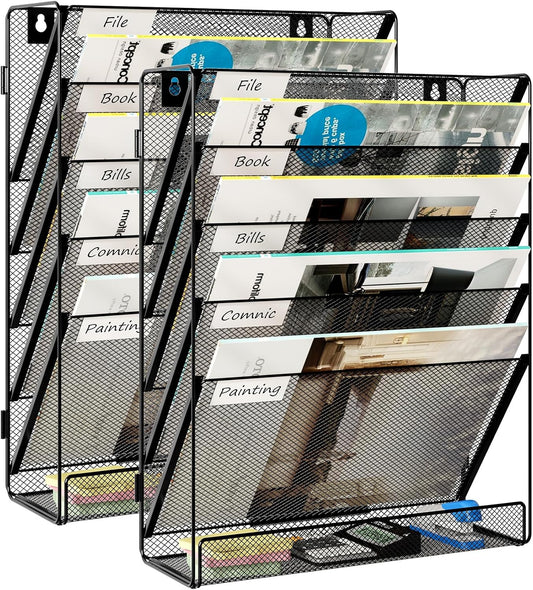 5-Tier Wall File Holder, Mesh Hanging Folder Organizer with Classify Label, Versatile Desk File Organizer for Office Home, Vertical Wall Mounted Mail Sorter, Easy Assembly, 2 Pack Black