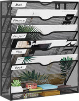 5-Tier Wall File Holder, Mesh Hanging Folder Organizer with Classify Label, Versatile Desk File Organizer for Office Home, Vertical Wall Mounted Mail Sorter, Sides Closed, Black