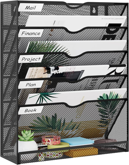 5-Tier Wall File Holder, Mesh Hanging Folder Organizer with Classify Label, Versatile Desk File Organizer for Office Home, Vertical Wall Mounted Mail Sorter, Sides Closed, Black