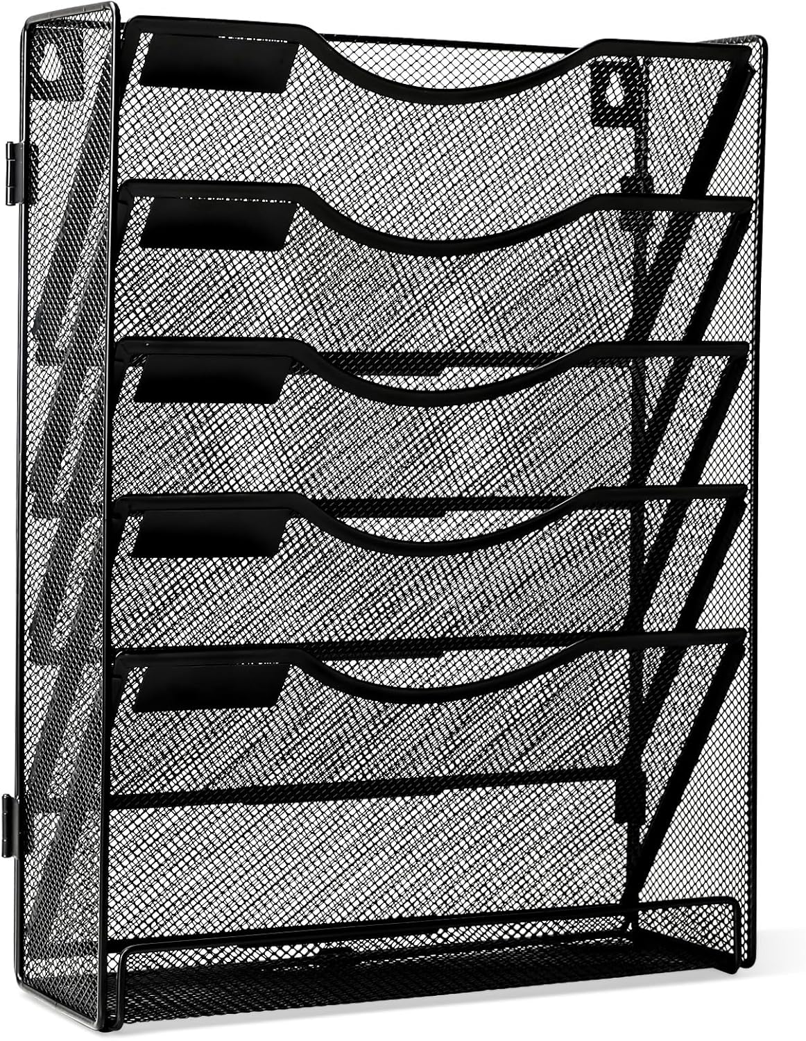 5-Tier Wall File Holder, Mesh Hanging Folder Organizer with Classify Label, Versatile Desk File Organizer for Office Home, Vertical Wall Mounted Mail Paper Sorter, Easy Assembly, 2 Pack Black