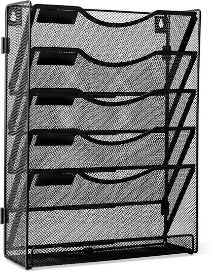 5-Tier Wall File Holder, Mesh Hanging Folder Organizer with Classify Label, Versatile Desk File Organizer for Office Home, Vertical Wall Mounted Mail Paper Sorter, Easy Assembly, 2 Pack Black