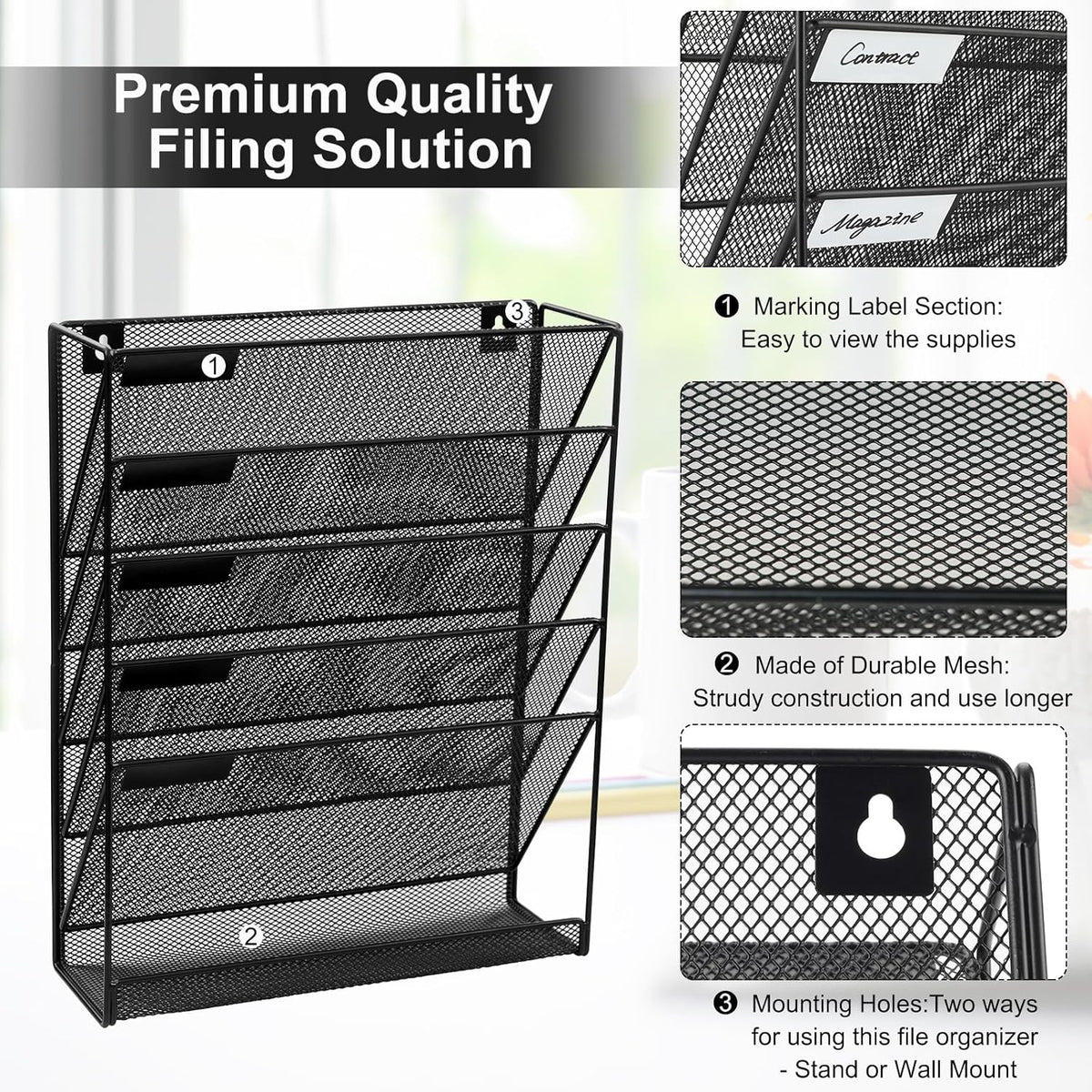 Wall File Holder 5 Tier Vertical Hanging File Organizer Wall Mount Paper Folder Rack with Bottom Flat Tray for Office and Home, Black