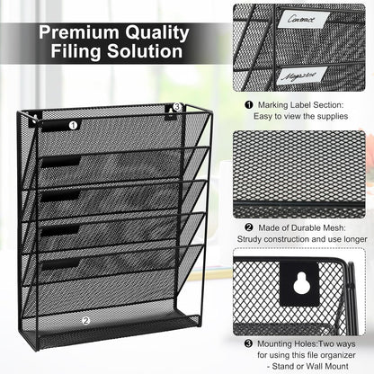 Wall File Holder 5 Tier Vertical Hanging File Organizer Wall Mount Paper Folder Rack with Bottom Flat Tray for Office and Home, Black
