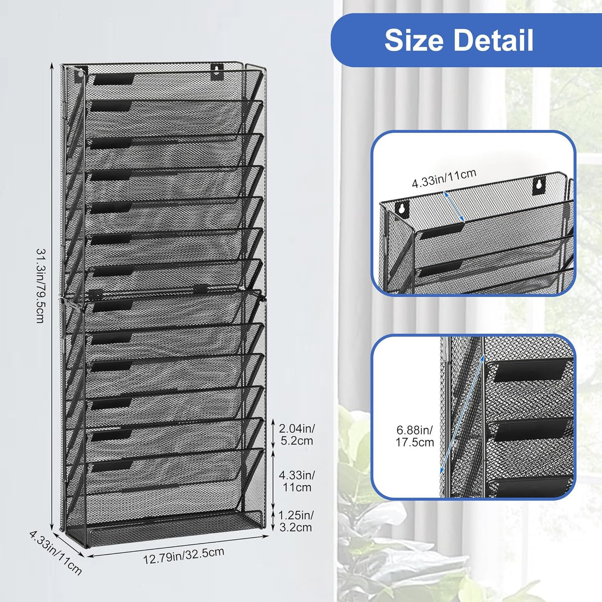 Wall File Holder Organizer 14 Tier Mesh Hanging Wall Mounted Document Paper Folder Filing Magazine Rack with Nametag Label for Office Home School, Black