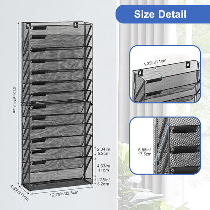 Wall File Holder Organizer 14 Tier Mesh Hanging Wall Mounted Document Paper Folder Filing Magazine Rack with Nametag Label for Office Home School, Black