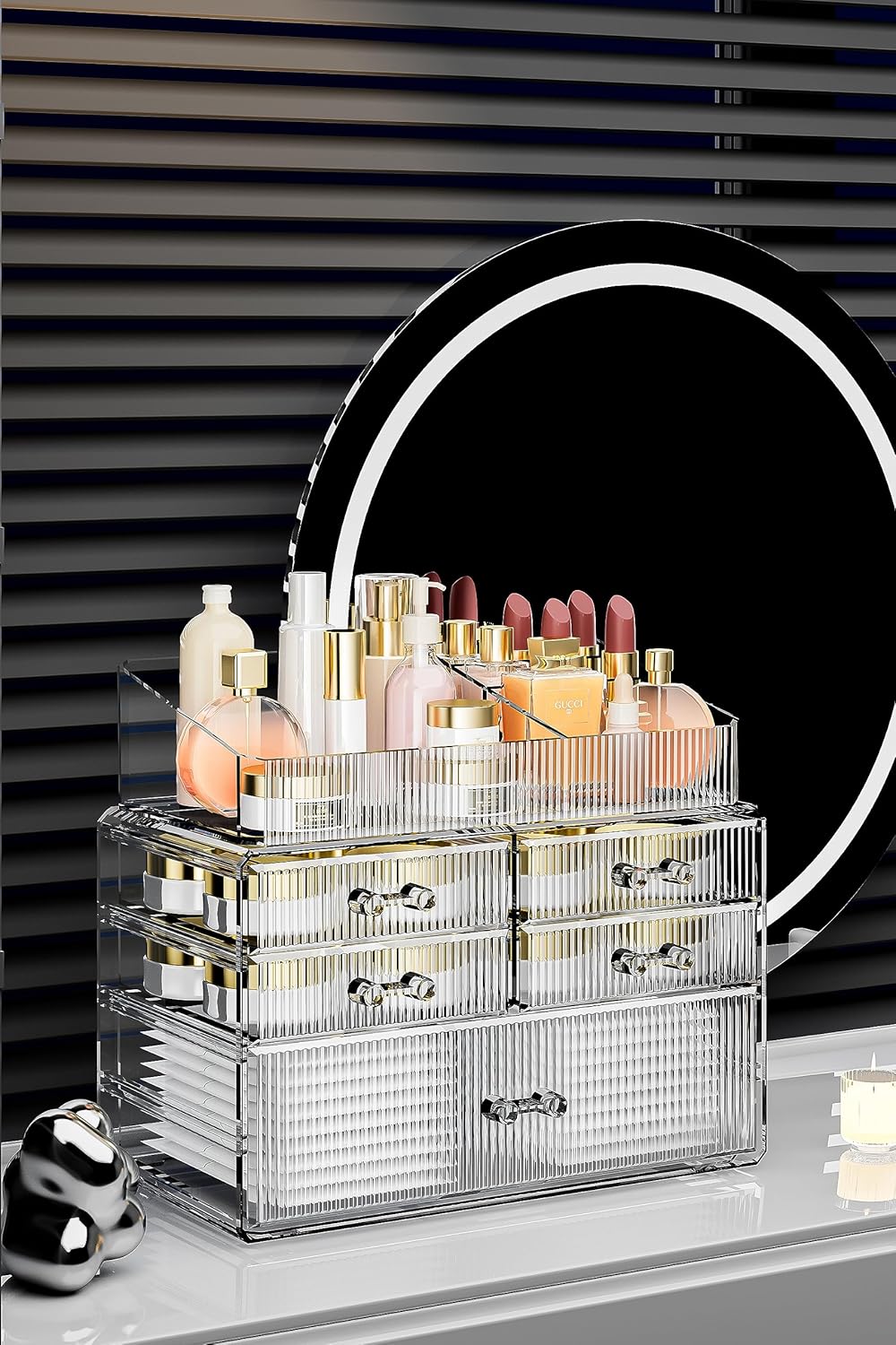 Stackable Organizer, Acrylic Cosmetic Organizer for Dresser, Vanity, Kitchen Cabinet, Bathroom, Under Sink, Home Organization and Storage (1 Top 5 Drawers)