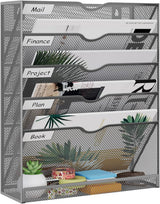 5-Tier Wall File Holder, Mesh Hanging Folder Organizer with Classify Label, Versatile Desk File Organizer for Office Home, Vertical Wall Mounted Mail Sorter, Sides Closed, Silver