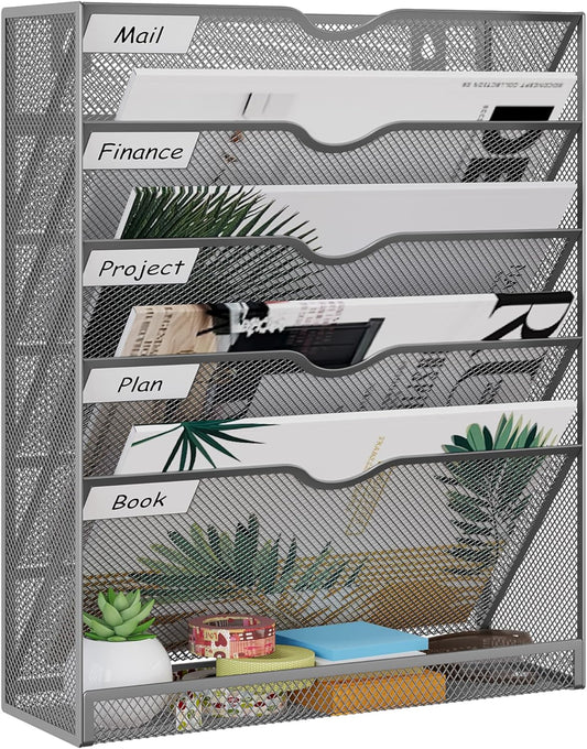 5-Tier Wall File Holder, Mesh Hanging Folder Organizer with Classify Label, Versatile Desk File Organizer for Office Home, Vertical Wall Mounted Mail Sorter, Sides Closed, Silver