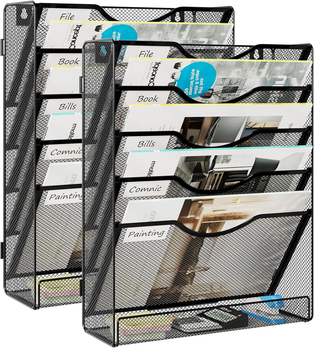 5-Tier Wall File Holder, Mesh Hanging Folder Organizer with Classify Label, Versatile Desk File Organizer for Office Home, Vertical Wall Mounted Mail Paper Sorter, Easy Assembly, 2 Pack Black