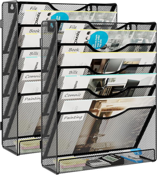 5-Tier Wall File Holder, Mesh Hanging Folder Organizer with Classify Label, Versatile Desk File Organizer for Office Home, Vertical Wall Mounted Mail Paper Sorter, Easy Assembly, 2 Pack Black